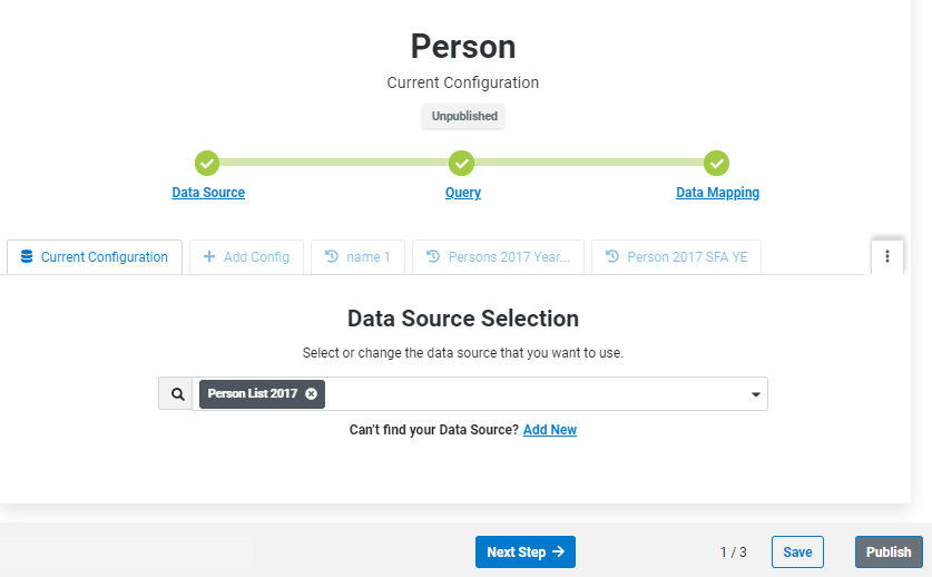 Entity configuration screen showing the Publish button in the footer.